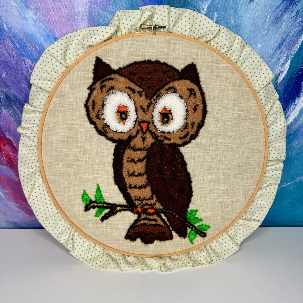 Vintage Owl Embroidery Hoop Wall Hanging Art 70s Crewel Gallery Wall Decor MCM